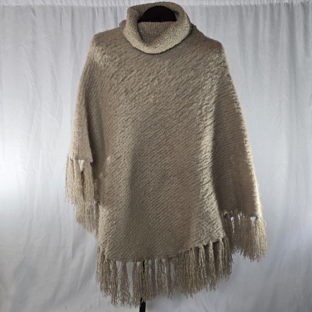 Betsey Johnson Cream Turtleneck Fringe Poncho Sweater